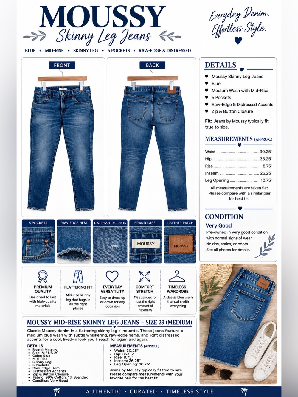 #284 Moussy Blue Mid-Rise Skinny Jeans with Distressed Accents